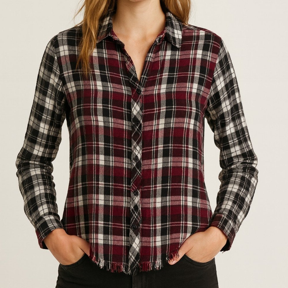 Catherine Malandrino Womens XS Red White Black Plaid Shirt L/S 100% Rayon